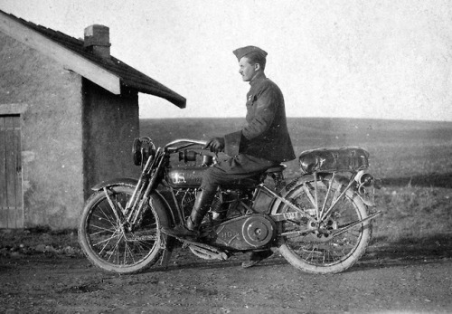 A soldier on a U.S. Harley-Davidson motorcycle (c. 1918).  America sent over 20,000 Indian and 