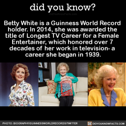 did-you-kno:  Betty White is a Guinness World Record  holder. In 2014, she was awarded the  title of Longest TV Career for a Female  Entertainer, which honored over 7  decades of her work in television- a  career she began in 1939.  Source  Love her