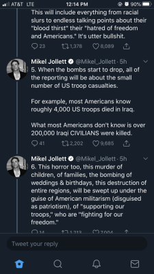 exvind:velvetsunset:oreouk:myrosecolouredgirl:Mikel Jollet on Twitter 😞😡I remember talking to an American friend around the start of the previous invasion of Iraq. She scoffed at the prediction that 100.000 lives might be lost to the war as anti-american