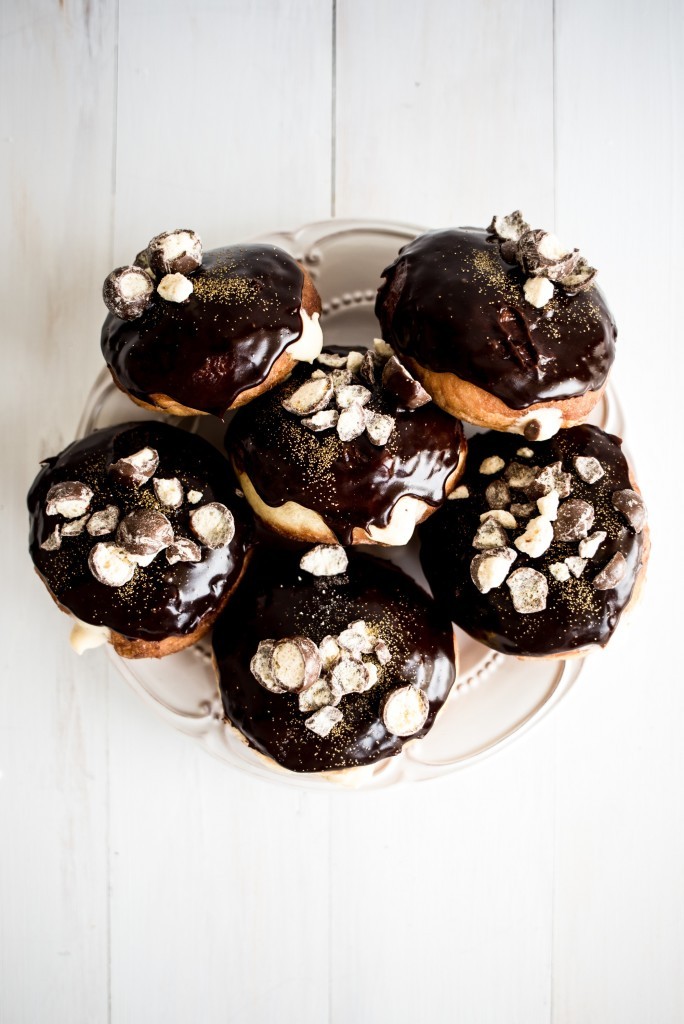 intensefoodcravings:  Dark Chocolate and Malt Custard Filled Doughnuts | Butter and
