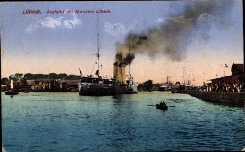 Port of Lübeck abt. ww1   the steam powered cruiser Lübeck is heading out