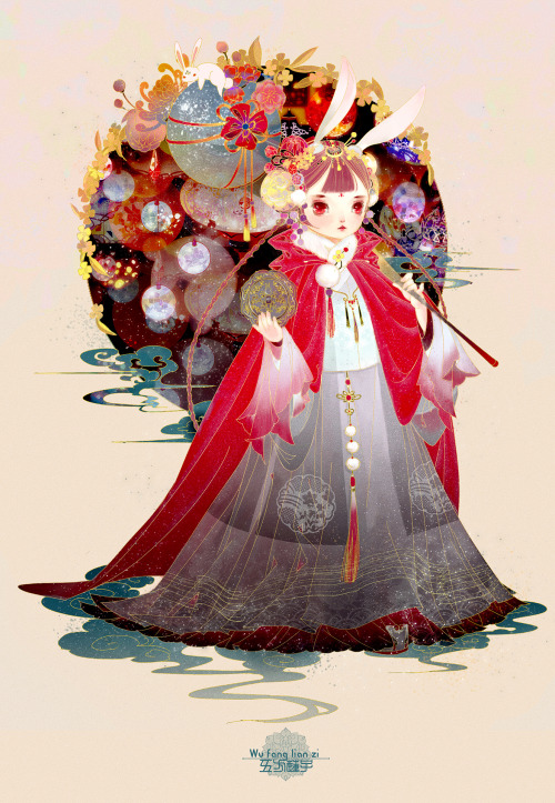 Jade Rabbit girl in hanfu | Illustration by 五方莲子    Happy Mid-Autumn Festival= 中秋节快乐zhōng qiū jié ku