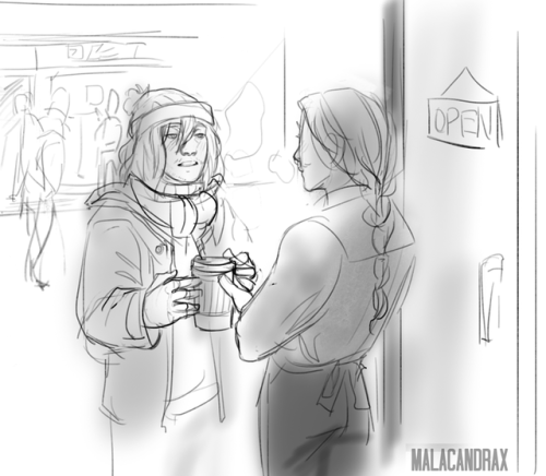 malacandrax: Angst, and cafe AU sketches   Cafe au sketches: 1- Aizawa shows up without a hat or scarf like an idiot- Mic bundles him in his. 2- Aizawa is running late for a lecture- Mic has his drink ready because he pays wayyy too much attention to