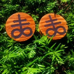 eva-unit-xvx:  “Nature is Satan’s church”  2-½&quot; olive wood #plugs for @nickmoorexvx inscribed with the alchemical symbol of sulfur (brimstone). This symbol hails hails back over 1,000 years and was used by ancient mystics, scorcers and even