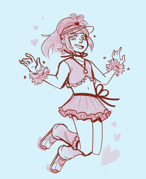 [image description: drawing of Amu from Shugo Chara in her pink cheerleader-esque magical girl outfi