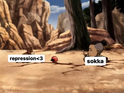 quenchiestzukka:[ID: Two screenshots from the show Avatar: The Last Airbender.The first screenshot shows Sokka, half buried in the ground. He is slightly smiling and looking at a baby saber-tooth moose lion that has an apple in front of it. The text over