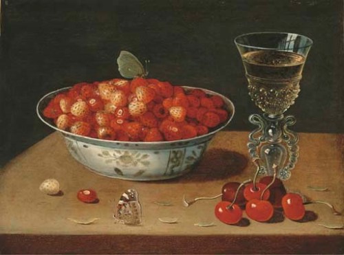 Osias Beert the Elder (Circa 1580 - 1624)Fraises dans un plat, cerises et verre de vin sur un entabl