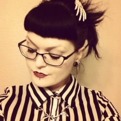 lilttlevampirelaura:  Wanted to look fancy today. #goth #makeup #glasses #stripes #redlipstick #fancy #work 