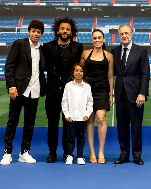 Marcelo Vieira with his family and Florentino Perez during his honorary farewell in Valdebebas on Ju