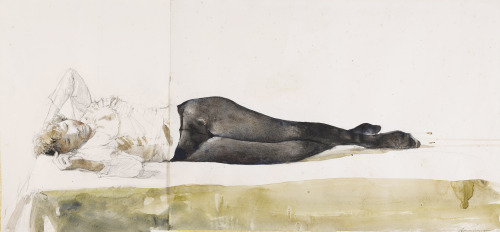 kafkasapartment:  Study for ‘Beauty Rest’, 1991. Andrew Wyeth. Watercolor and pencil on joined paper