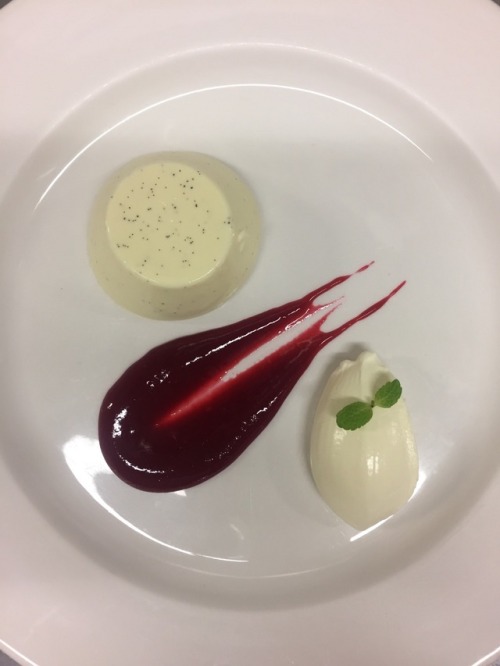 pâtisserie: coconut panna cotta with raspberry coulis and créme chantilly