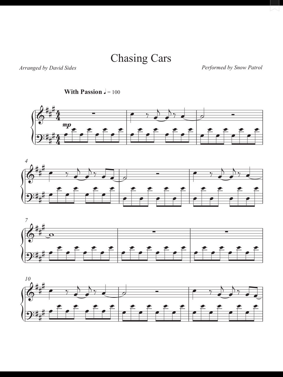 Piano Sheet Music — Chasing Cars - Snow Patrol (Piano