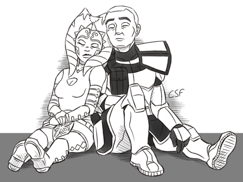 cartoon-silver-fox:Ahsoka and Rex fall asleep against each other after a long and difficult mission,