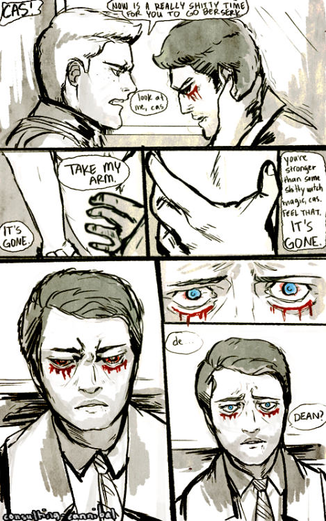 consulting-cannibal:  something quick from just now! warming up a little. until the gag reel, i totally spaced that cas got hit with that rabid dog thing! i think i’d been asked how i hope this would pan out??? but i hope crowley gets out, gets the