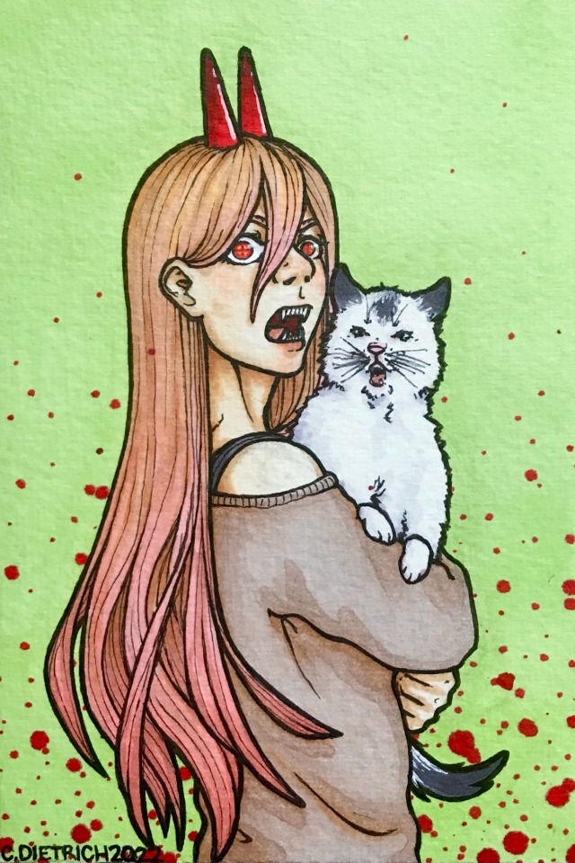 Drawing of Power from Chainsaw Man from the waist up. She is turned to the side looking over her shoulder at the viewer with wide eyes and mouth open, baring her teeth. She is holding Meowy in her arms, who is also baring their teeth. The background is light green with small red blotches spattered across it.