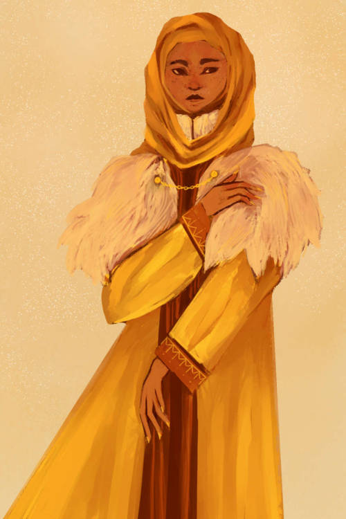 [image id: A female person in a mustard yellow hijab that is standing, facing forward, their right h