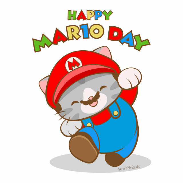 Cute illustration of a gray cat wearing a Mario Costume for Mario Day.