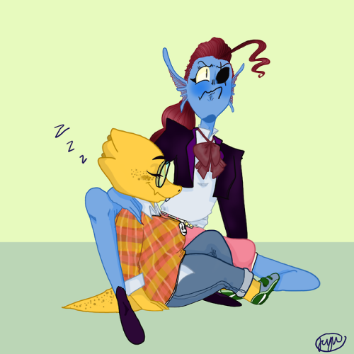 justwashingtonthings:tfw she falls asleep but you gotta stand up! She’s worried that if she moves Alphys will wake up, but she can’t be late for guard practice!!!