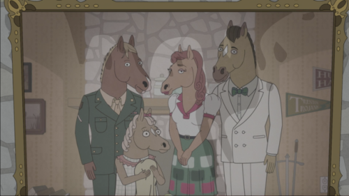 Parallels between Beatrice and Bojack in the family portrait, both have that same wide-eyed innocenc