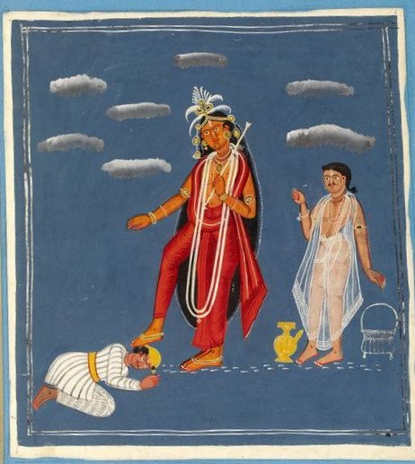 Lord Vamana tramples Balin Maharaja, Kalighat Painting