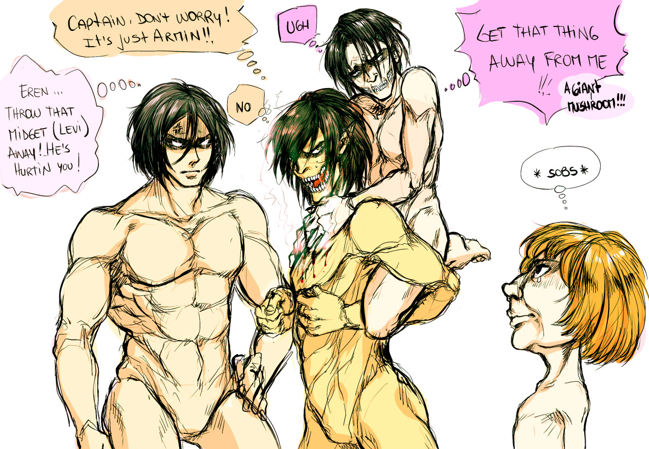 azulsketches:  levi/the frowning titan is too scared of armin/the mushroom titan
