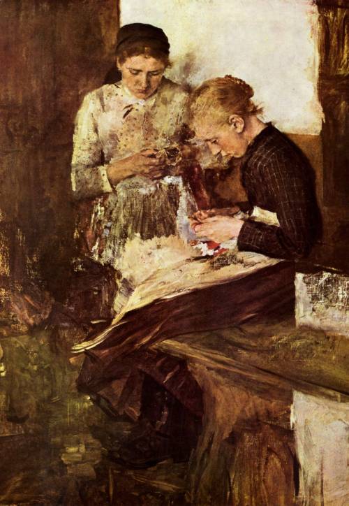 laclefdescoeurs: Strickende Mädchen auf der Ofenbank, 1895, Wilhelm Leibl