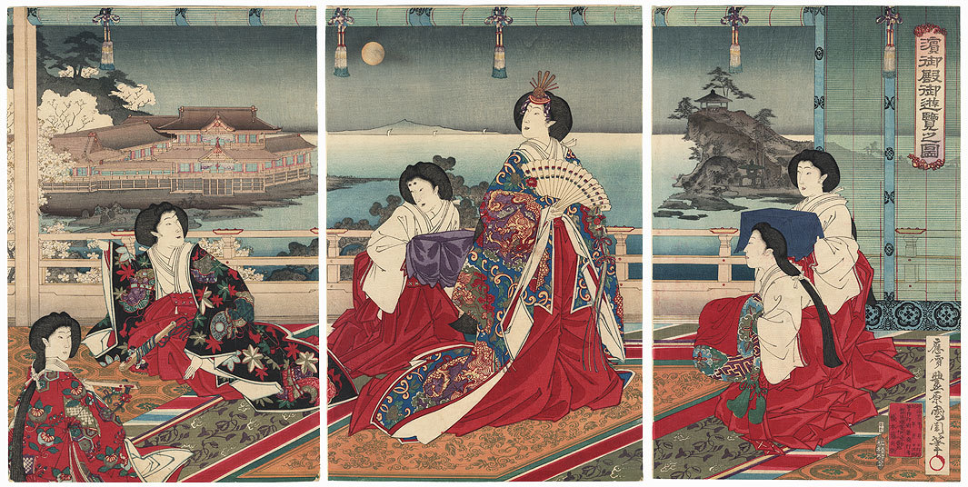 onna-musha:“Meiji empress and court ladies viewing the moon” (1890), Toyohara