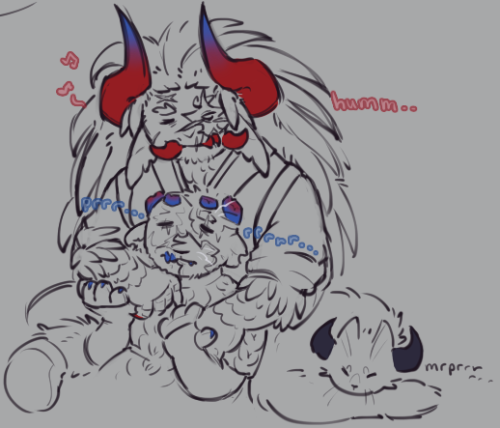 Hyperlaser resting against Katana. Katana is scratching Hyper's chin gently and humming; Hyperlaser is holding onto Katana and purring alongside his cat daughter Princess.