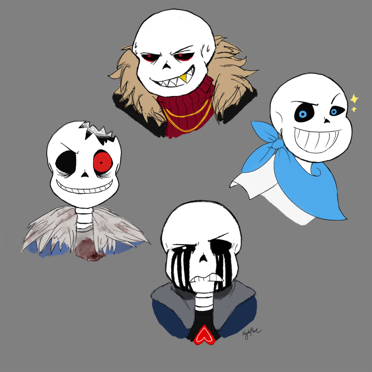 Wanted to try my hand at drawing some AU boys as inspired by their canon :3c (rather than specifically BHC versions). Obviously still took some creative liberties. I’m really happy with how they came out! #nyktooned #uf!sans  #us!sans  #killer!sans  #ht!sans #tw blood