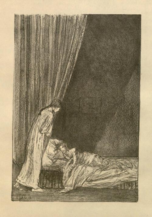 Young Jane Eyre tends to her dying friend, Helen Burns, lithograph by Ethel Gabain, featured in Impr