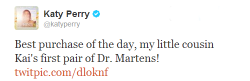 iheartkatyperry:  Best purchase of the day, my little cousin Kai’s first pair of Dr. Martens! 