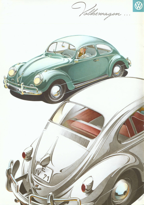 Volkswagen, trade catalogue The Honest Car, 1950s. Volkswagenwerk, Wolfsburg, Germany. Illustration: