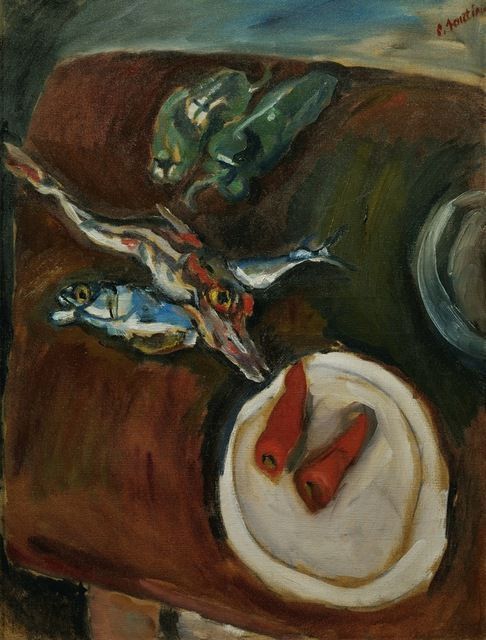 popgoesred:  Still-life with fish, peppers and carrots, ca. 1918, by Chaim Soutine 