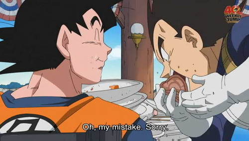 duvete:    yum!  VEGETA’S FACE.   I don’t think Goku’s very sorry.  OMG VEGETA WAOUHAGUAUh;dsuaga;uhga;uga DYING.               