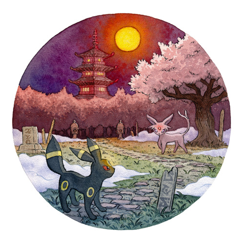 revilonilmah:This is a commission of Espeon and Umbreon, and it’s set in a spooky graveyard, surroun