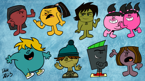 Heather, Leshawna, Justin, Sadie, Katie, Owen, Ezekiel, Duncan, & Courtney as Mr. Men/Little Miss characters. Heather’s checking her nails as Leshawna argues with her, Justin is smirking at the viewer, Sadie and Katie are both admiring Justin, Owen’s just happy to be here, Ezekiel is looking at his hand, Duncan is smirking at Courtney as she lectures him about something.