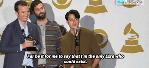 teamvampireweekend:Random moments of 2014 »> Vampire Weekend in the Grammy press room after winning the Best Alternative Music Album award for ‘Modern Vampires of the City’ at the 56th GRAMMY Awards 