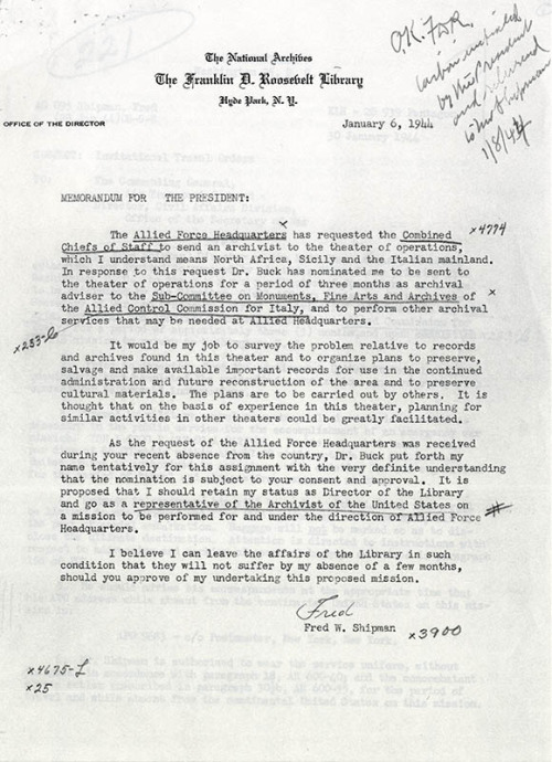 fdrlibrary:
“ Fred Shipman, Monuments Man
Dr. Fred W. Shipman, first Director of the Franklin D. Roosevelt Library, was asked to join the Roberts Commission (the American Commission for the Protection and Salvage of Artistic and Historic Monuments in...