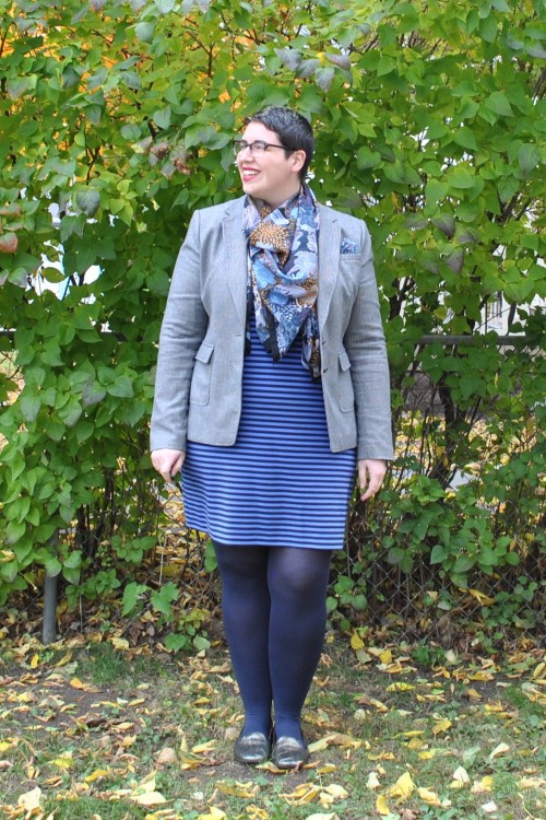 with-a-rare-device: Dress: Old Navy Blazer: Banana Republic Scarf: H&amp;M Shoes: Naturalizer Po