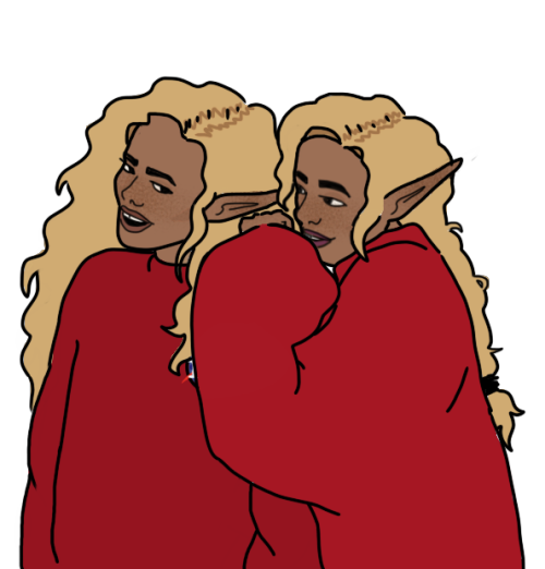 dyke666:twins… [image description: a drawing of Taako and Lup, twin elves with brown skin, fa