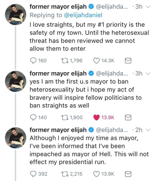 allthesebees: nasaqueer: Comedian and vlogger Elijah Daniel became mayor of Hell, Michigan, proceeded to ban all heterosexuals, and then was impeached. This singlehandedly saved 2017 wild 