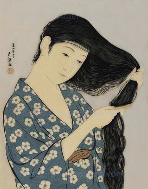Hashiguchi Goyo Women in Blue Combing Her Hair 1920