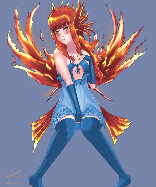 artpoppytart: Art trade for @devirish A phoenix girl OC who’s hair is comprised completely of fire! Thanks so much for the piece you made for me Devi <3. 