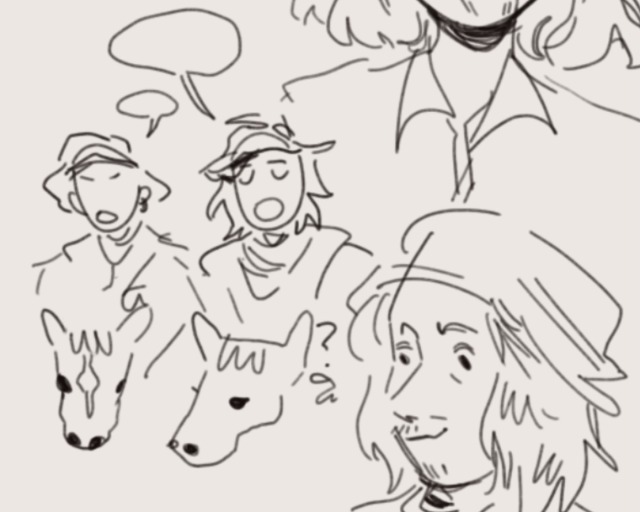 sketch page showing a portrait of ros and a doodle of ros and guil riding horses. 