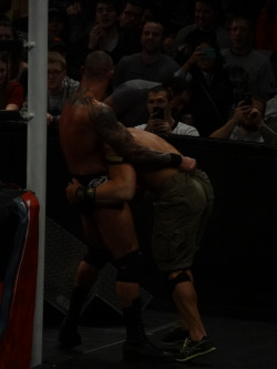 rwfan11:  Randy pulling on Cena’s shorts….defining that big booty of his! :-) ….oh, and check out where Cena’s hand is! …….I need to see their sex tape….like yesterday! :-)