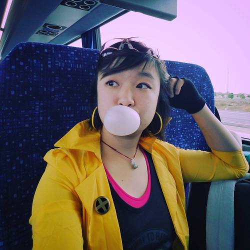 Jubilee is bored because she’s on a bus for halloween.So Jubilee takes selfies while blowing bubbl