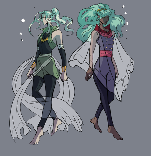 Designs for some sea elves with some custom worldbuilding by @aiffe. Both top and bottom pictures ha