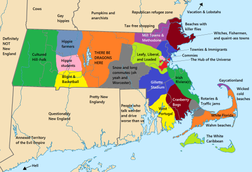imaginarycircus:machawicket:mymuffintopiswholegrainlofat:mapsontheweb:Massachusetts stereotypes map.