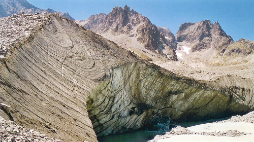 SynclineIce flowing in a glacier has properties similar to rocks made of silicates and carbonates. T