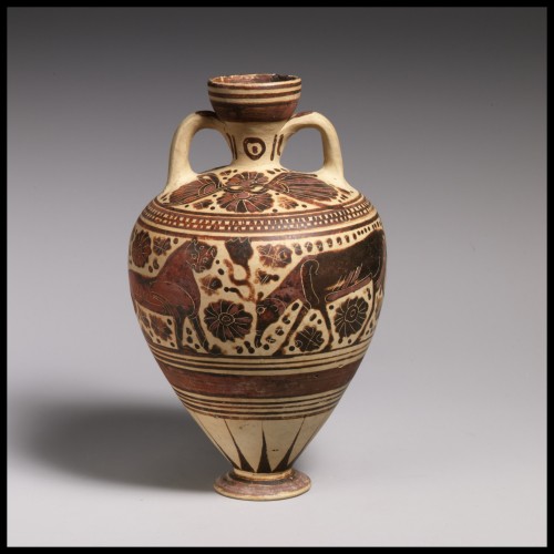via-appia:Terracotta amphoriskos (perfume vase), fallow deer and panthersGreek, Corinthian, ca. 575–